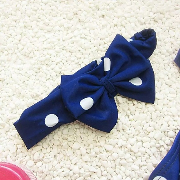 Blue Polka Dot Girls Bathing Suit with Blue Headba - Picture 2 of 4